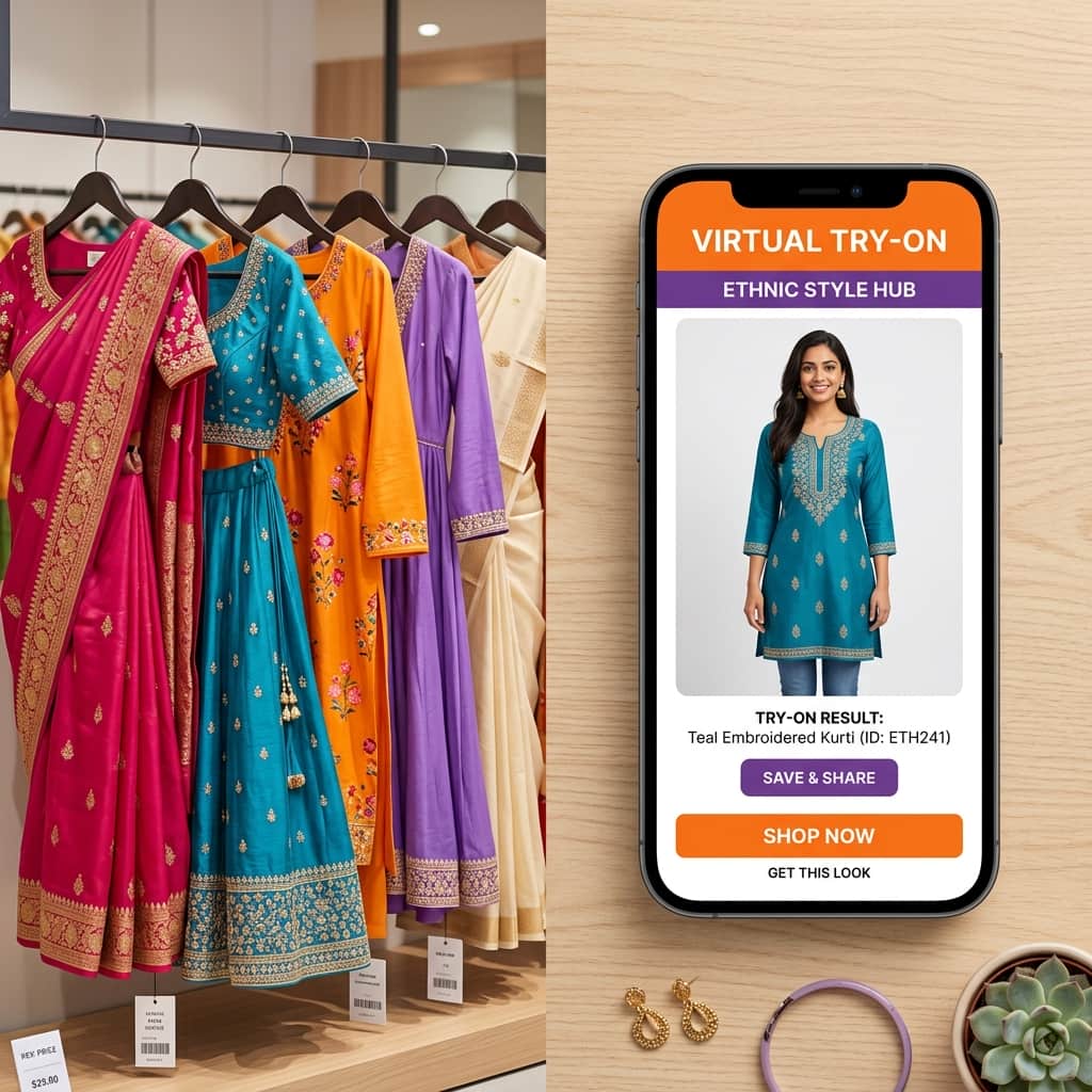 AI virtual try-on for Indian ethnic wear — saree and lehenga try-on results on smartphone