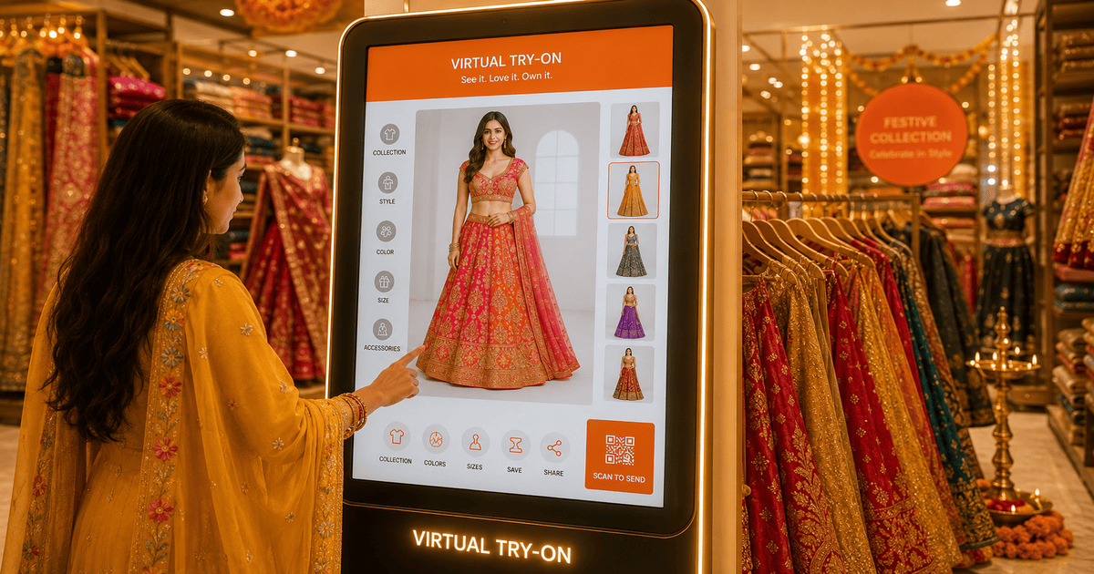 Virtual try-on kiosk in an Indian ethnic-wear clothing store during festive season
